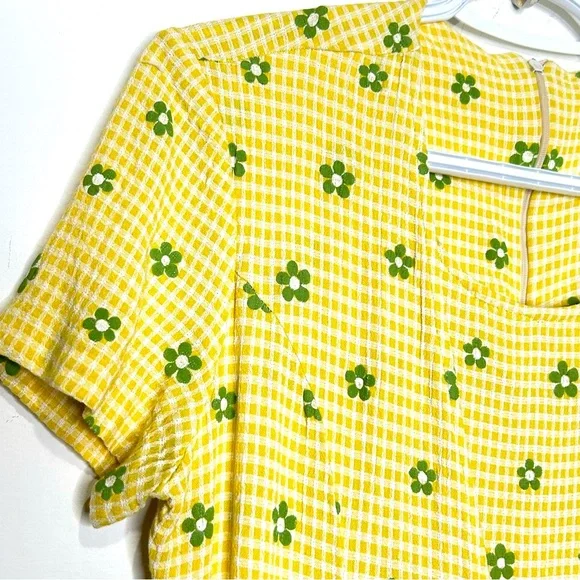 Vintage 90s Flower Power Gingham Maxi Dress Layers Gathers Ties Yellow Stretch S - Picture 3 of 7